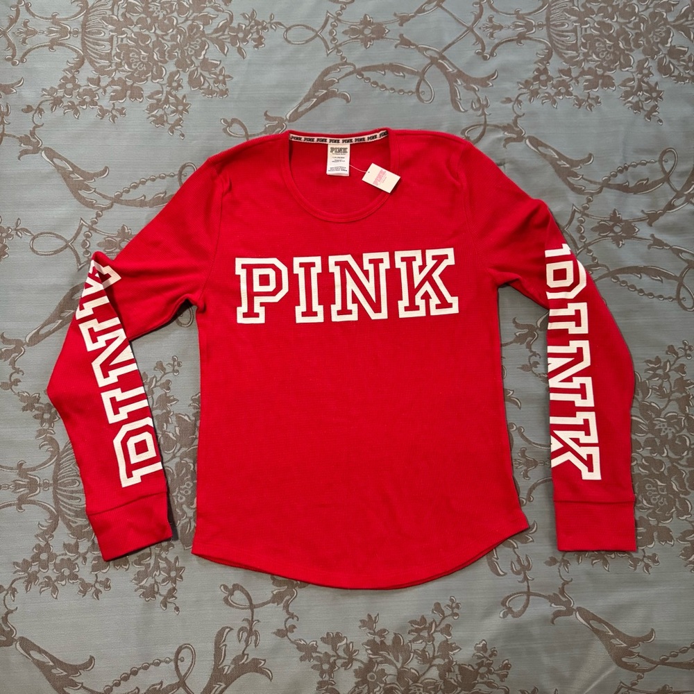 Victoria's Secret PINK Thermal Waffle Knit Long Sleeve Shirt Red White Large